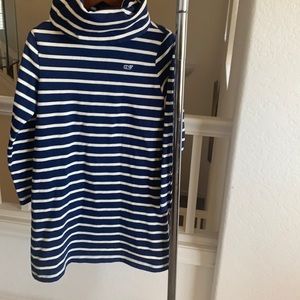 Navy and white striped tunic.  Material is a heavy cotton.  Has a turtle neck.